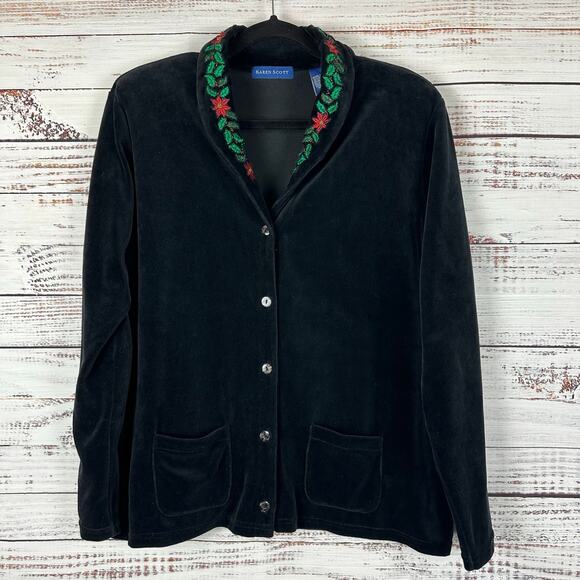 Womens VTG Karen Scott Black Velvet Velour Button Up Holiday Embroidered Top L - Picture 1 of 7